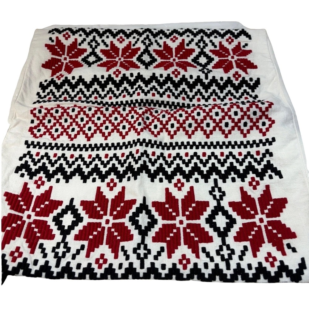 Cremieux Red Black White Embroidered Snowflake Pillow Cover 20x20 Cotton Woven